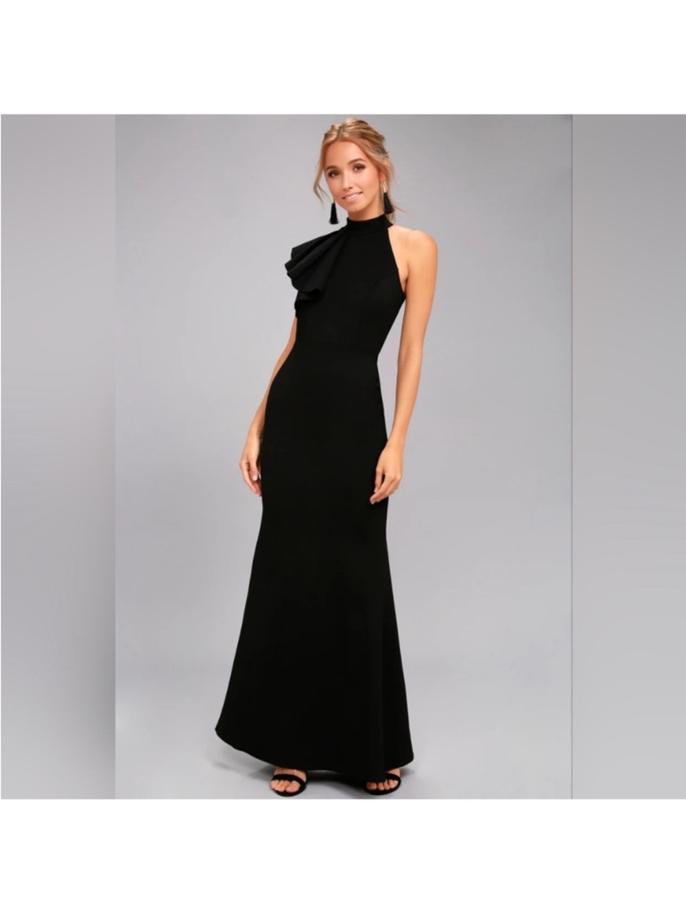 Lulu's Black Halter Maxi Dress with Shoulder Ruffle